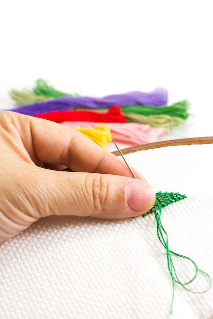 Hands stitching colorful thread